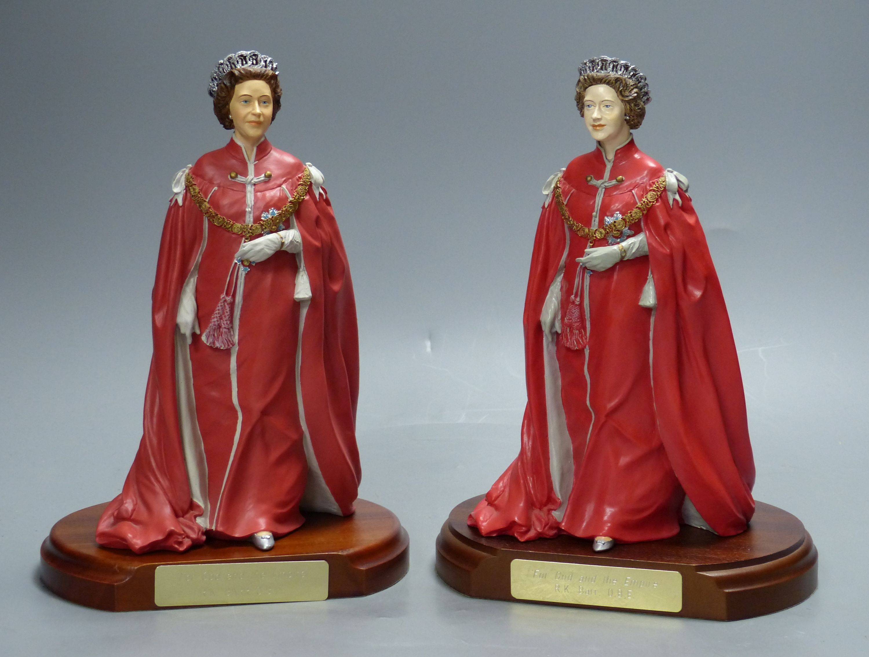 Two cold-cast porcelain figures of HM Queen Elizabeth II by Timothy Potts, H 22cm